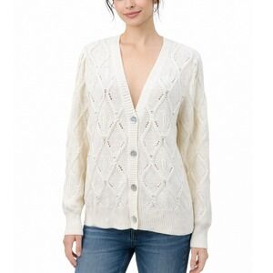 Soft Surroundings‎ Womens Meryl Cardigan L Ivory Pearls Cable Knit Office Mature